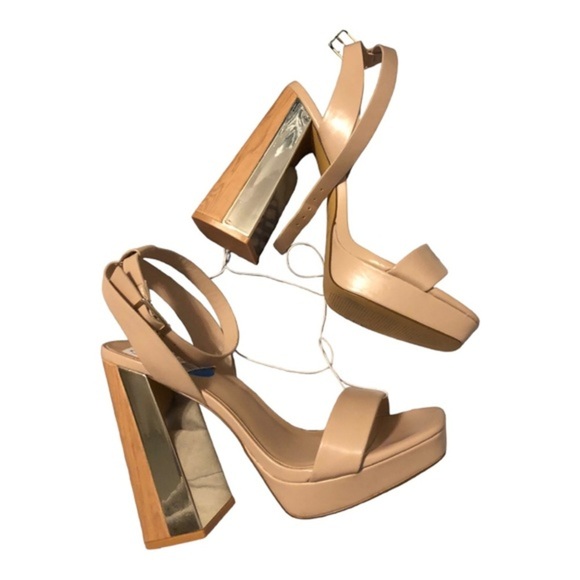 Aldo tan open toe stacked gold mirrored wooden platform heels‎ size 10 brand new - Picture 1 of 14